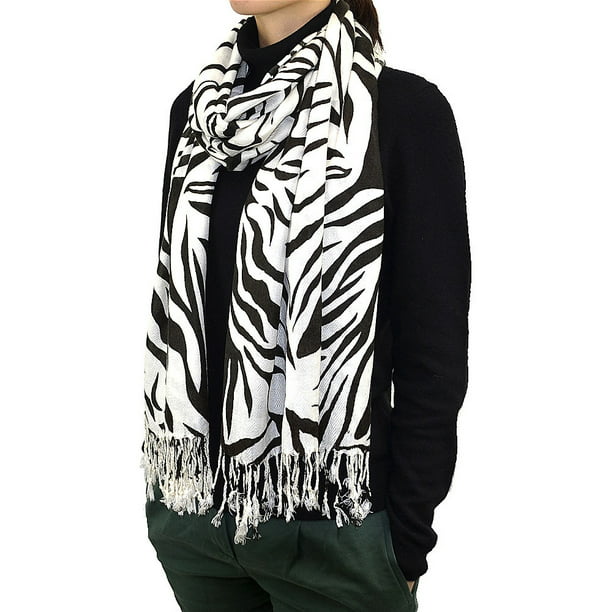 Women Zebra Pattern Head Scarves Wraps Pashmina Warm Neckerchief Shawls Tassel Cashmere Scarves 